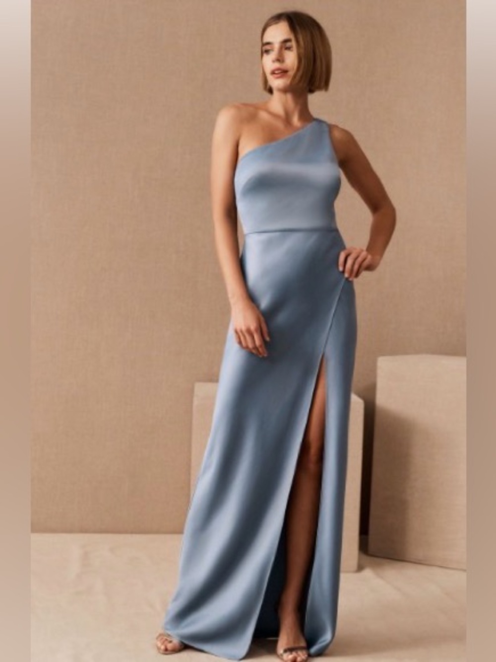 BHLDN Bridesmaid Dress. One-Shoulder Satin Evening Gown in Dusty Blue.
